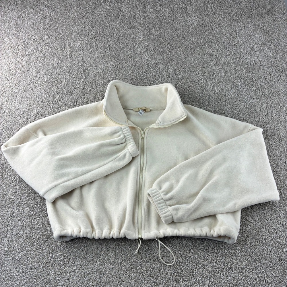 Qinsen Fleece Cropped Jacket Pullover Women's‎ Size Small Cream Y2K Drawstring